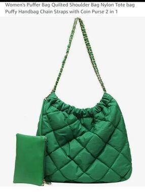 Quilted Puffer Shoulder Bag with Chain Strap - Green.  New